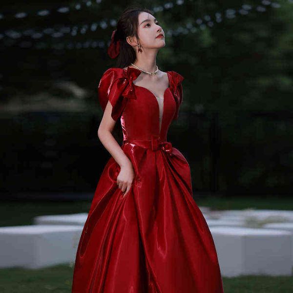 

luxury street style dresses toast bride 2021 autumn wine red engagement wedding party evening fugitive princs, Black;pink