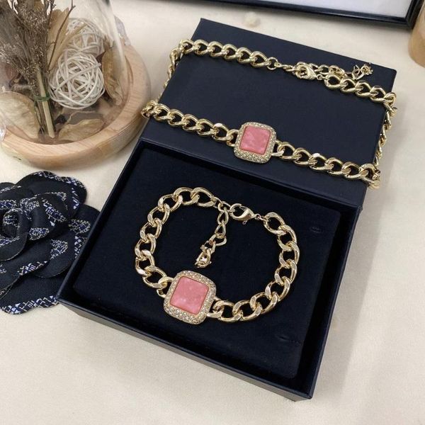 

earrings & necklace 2021 brand fashion jewelry set for women thick chain party gold color pearls choker bracelet pink, Silver