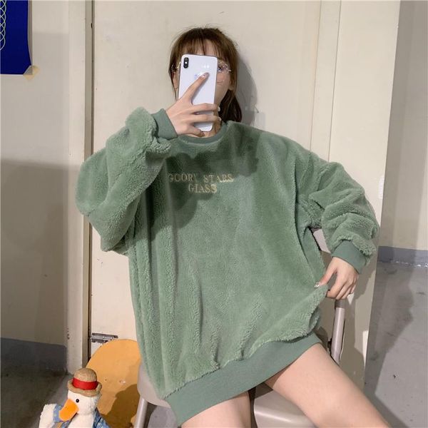 

women's hoodies & sweatshirts 4721 korean version of 2021 wild student green letter round neck plush long-sleeved pullover, Black