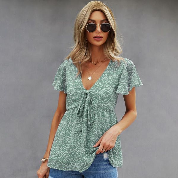 

women's blouses & shirts 2021 summer independent design v neck floral bandage fresh shirt short sleeved bow tie blouse, White