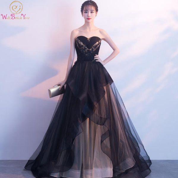 

walk beside you black evening dresses champagne lace applique sequined a line strapless sweetheart ruffles prom gown stock party, White;black