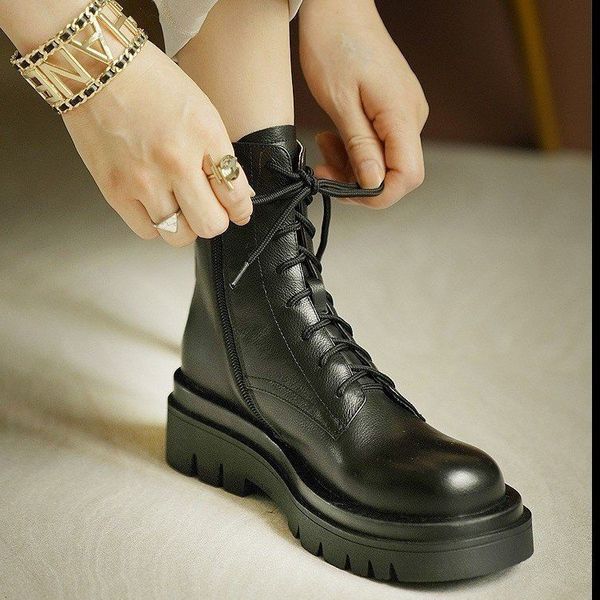 

martin women's summer thin 2021 spring and autumn fashion british round head lace up thick bottom large short boots, Black