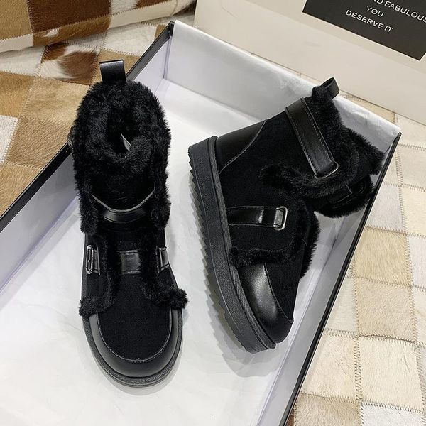 

boots faux suede thick plush botas women metal drop winter fur buckle flat heels cotton padded shoes warm snow woman, Black