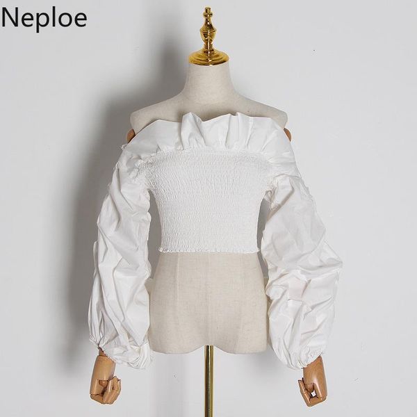 

naploe chic blouses women ruffles slash neck lantern sleeve shirts crop pleated off shoulder white short blusas women's &