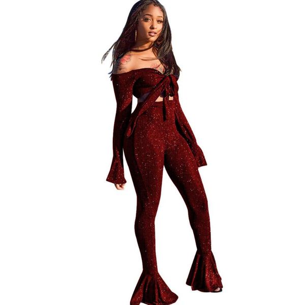 

gym clothing 2021 spring women's silver silk jumpsuit two-piece bow tie shirt + bell-bottom pants trousers tights, White;black