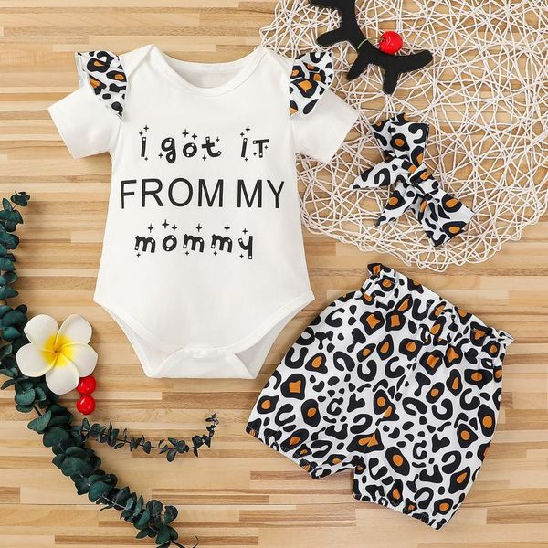 

born infant baby girls summer clothes 2021 letter short sleeve romper suit bodysuit +leopard shorts+headbands outfits set clothing sets, White