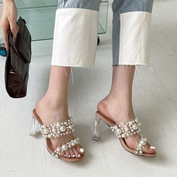 

slippers heels pearl clear pvc transparent summer mules femme peep toe cup heel 9cm dress sandals women shoes pumps, Black