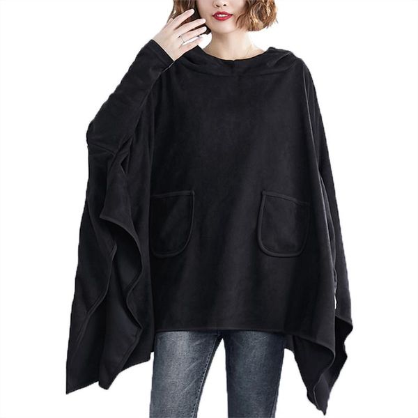 

women's hoodies & sweatshirts 2021 autumn and winter bat shirt mid-length hooded sweater loose plus size shawl cloak coat fashion trend, Black
