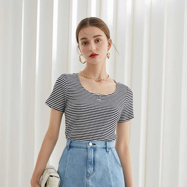 

fansilanen office lady 100% cotton short-sleeved t-shirt women summer slim black white striped short yellow 210607