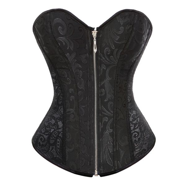 

womens overerbust corset jacquard zipper lingerie lace up boned clubwear with g-string shaper bustier plus size s-2xl, Black;white