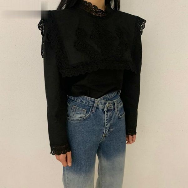 

women's blouses & shirts korean heavy work lace patchwork blouse women flower embroidery shawl blusas pullover puff long sleeve shirt f, White