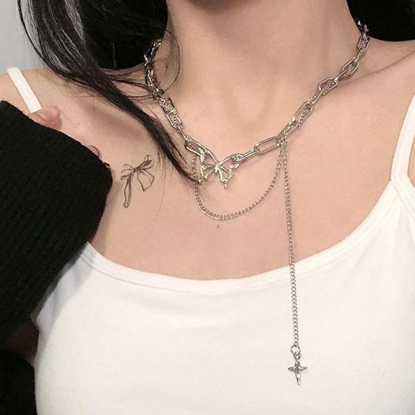 

chains hip hop engraved butterfly choker necklace charm statement long tassel star for women goth jewelry, Silver