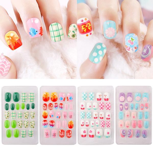 

false nails 24pcs child press on children artificial nail acrylic tips fake kids self adhesive manicure decor, Red;gold