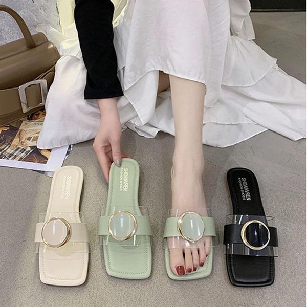 

slippers round buckle band transparent patchwork slipprs women fresh open toe flats slides outdoor sewing clear beach sandals woemn shoes, Black