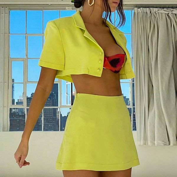 

two piece dress 2 set single breasted short sleeve blazer jacket suit+high waisted mini skirts women 2021 summer nightclub elegant outfits, White