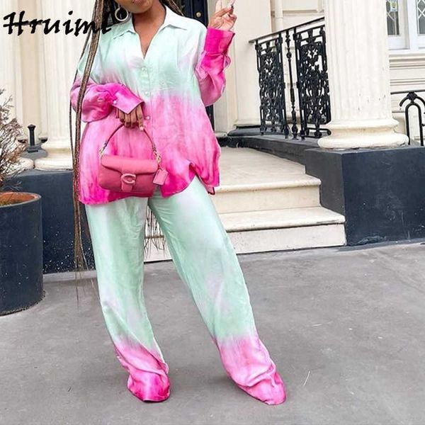

suit women two pice autumn arrival fashion long sleeve shirts wide leg pants female suit loose tie-dye printed women sets 211118, White