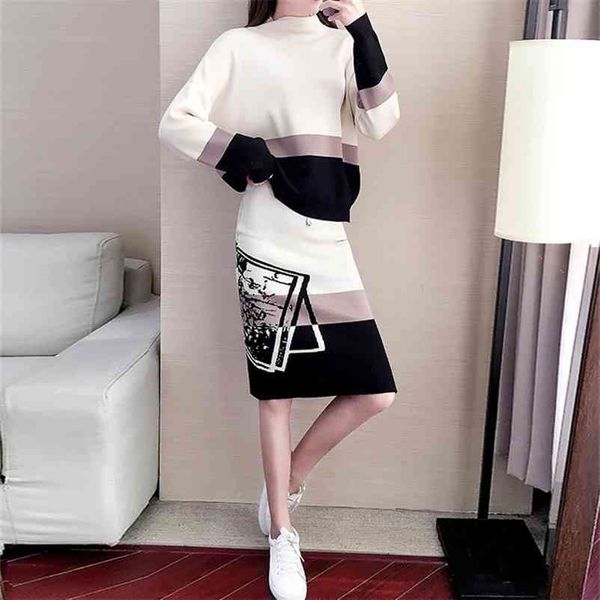 

fashion contrast color knitted skirt two-piece suit women long sleeve pullover side split fork print elastic korean sets 210522, White