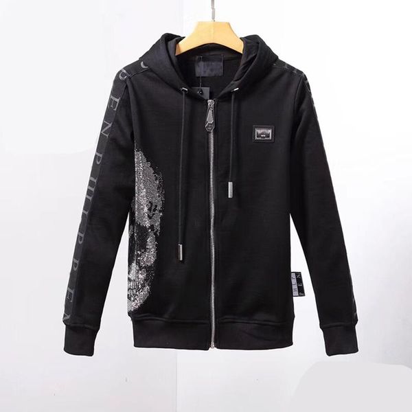 

men's hoodies & sweatshirts sweatshirt side pp skull with diamond ribbon decoration trend fashion hooded cardigan slim-fit jacket, Black