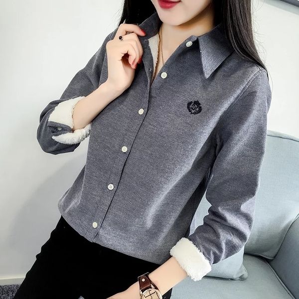 

very thick women winter style blouses shirts lady casual long sleeve turn-down collar velvet blusas df3161 210317, White