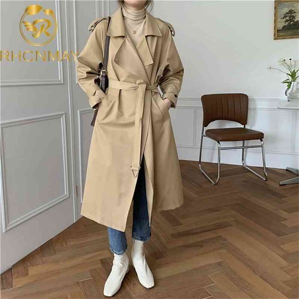 

elegant winter long coat women turn-down collar trench coats stylish sashes oversized female windbreaker 210520, Tan;black