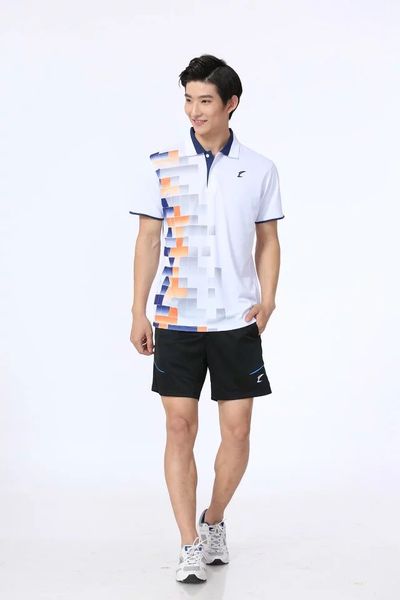 

st1380m badminton wear sets for men white lapel shirt with shorts outdoor apparel tennis table athletic set, White;yellow