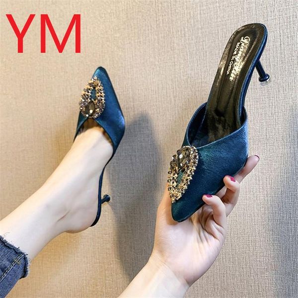 

dress shoes flock women pumps summer wedding stiletto high pointed toe with crystal heel sandals ladies sandalia feminina shallow, Black