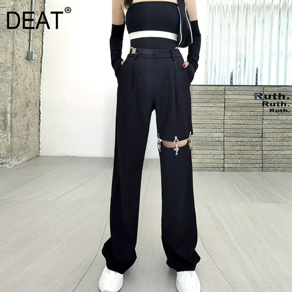 

[deat] high elastic waist trousers new loose pants women black hollow out drawstring pockets fashion tide summer 7e7756 210428, Black;white