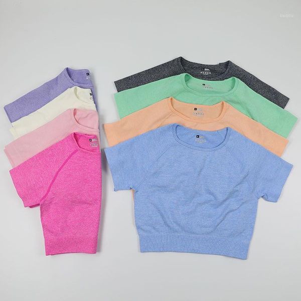 

summer knitting seamless yoga shirt women fitness short sleeve crop workout gym clothes sportswear running t-shirts outfit