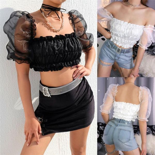 

women's t-shirt 2021 sweet womens girls summer crop mesh short puff sleeve low-cut slim ladies midriff-baringÂ, White