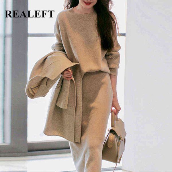 

realeft autumn winter 2 pieces women's sets knitted dresses suits o-neck sweater and wrap midi skirts pullover suits 211119, White