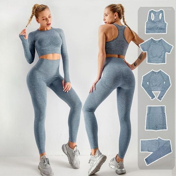 

yoga outfit 3pcs/set women workout sportswear seamless fitness gym clothing pants long sleeve shirt short crop legging sports suits