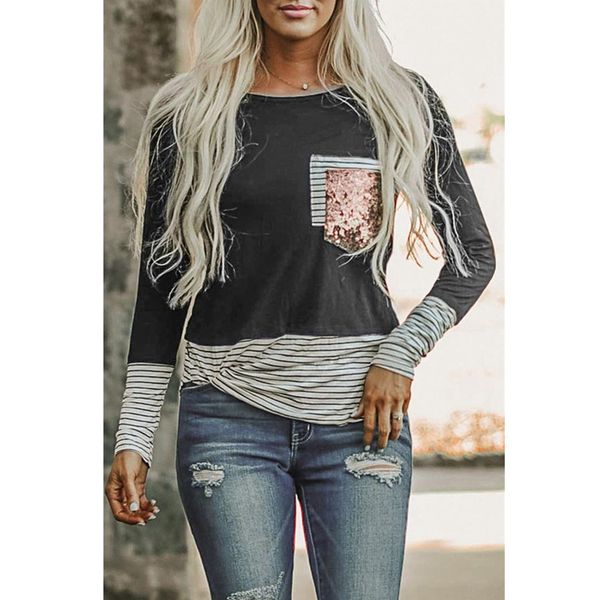 

stripe casual sequin pocket long sleeve t-shirt 8882, White