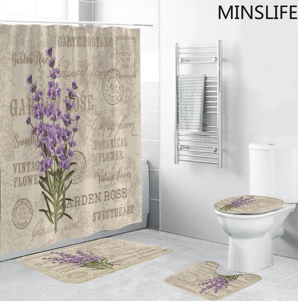 

purple lavender print shower curtain sets flowers bathroom curtains anti-skid rugs toilet lid cover mat home decor