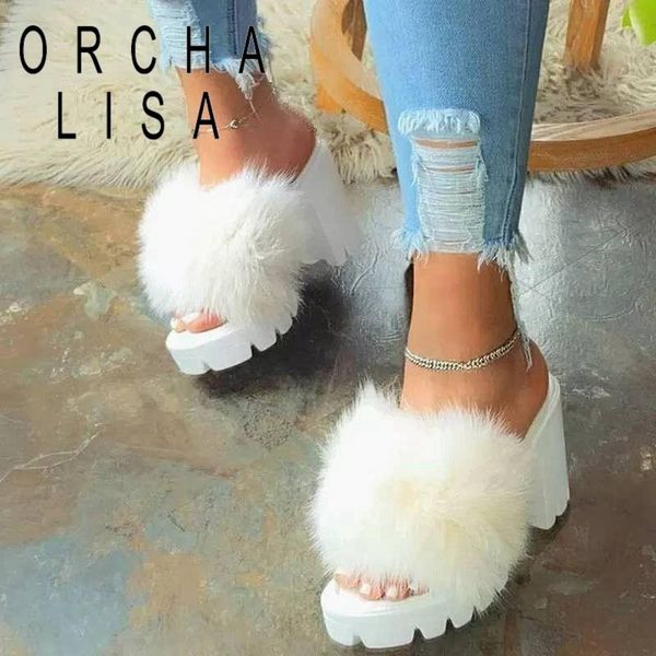 

ladies slippers 2021 ins fur block heels platform stylish colorful non-slip all-match big size 43 c2271, Black