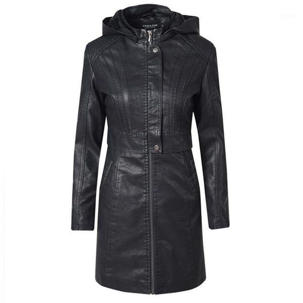 

women's leather & faux autumn winter jacket womens zipper long sleeve hooded leathers coat women biker jackets pu, Black