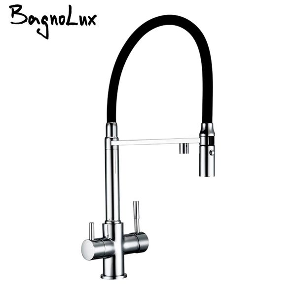 Bagnolux Torneiras de Cozinha Cobre Chrome Pia De Cozinha Preto Mangueira Montagem Pull Down Dual Pulverizador Bocal Misturador Tapetes de Água 211108