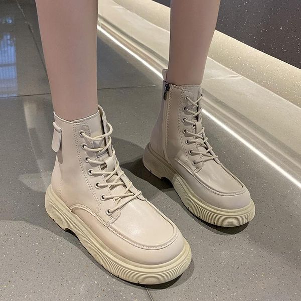 

boots shoes lace up luxury designer round toe flat heel boots-women fashion lolita rubber autumn ladies riding 2021 rock low rom, Black