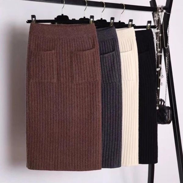 

fall winter warm elegant elastic women skirt knitted high waist pockets casual black midi