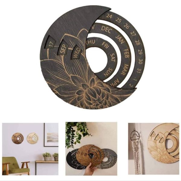 

decorative objects & figurines 2021 wooden wall calendar with floral pattern round rotatable perpetual hanging study basswood craft decorati