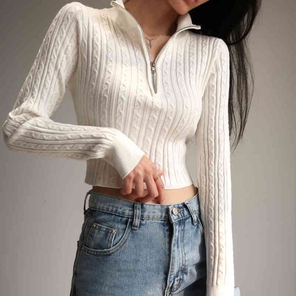 

women's knits & tees stand collar zipper short slim woman knitted sweaters long sleeve high waist twist women knitwear solid color, White