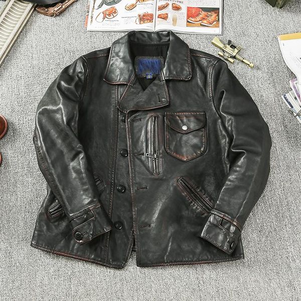 

men's leather & faux 2021 vintage black genuine jacket men american casual style single breasted plus size 3xl real natural horsehide c