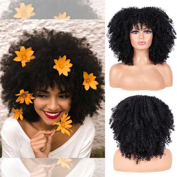 

synthetic wigs short haur afro kinky curly with bangs natural hair wig cosplay lolita high temperature, Black