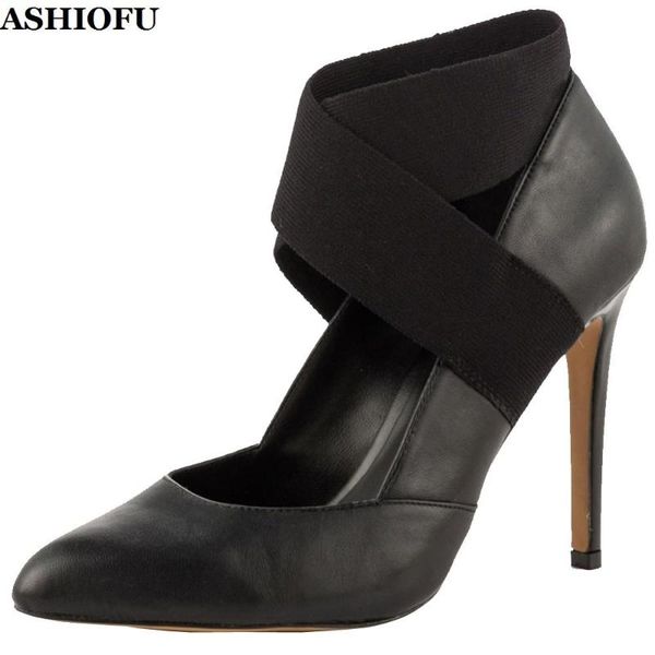 

dress shoes ashiofu handmade women's high heel pumps cross-bands party prom pointy large size evening fashion court, Black