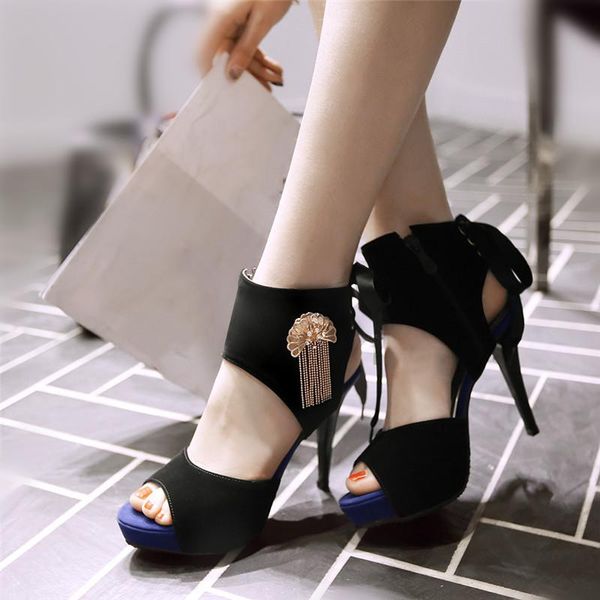 

stiletto high heels womens sandals summer 2021 peep toe back cross tied ankle wrap platform nightclub party shoes, Black