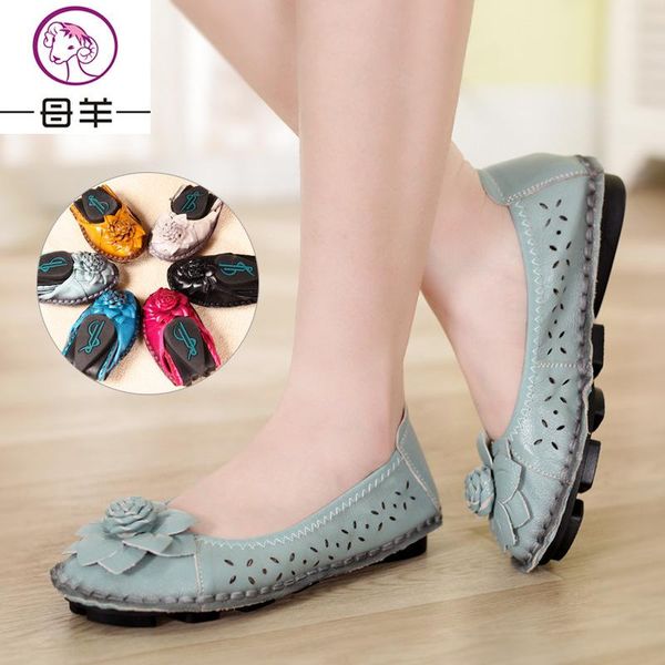 

genuine leather shoe women's shoes flat bottom woman sandals flower ventilation casual, Black
