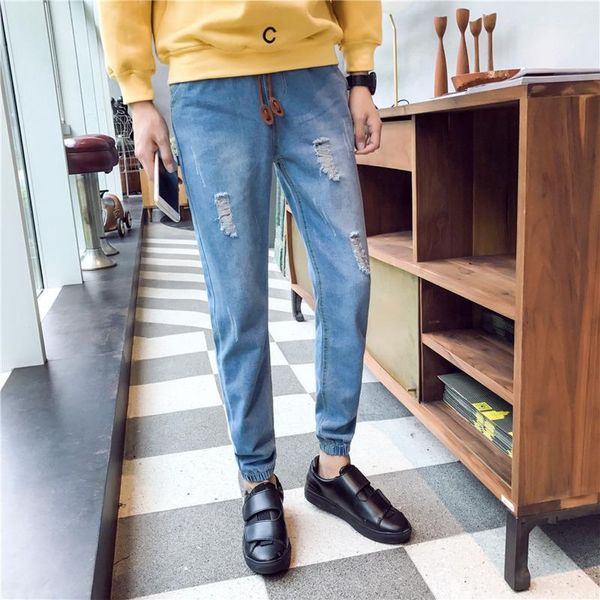

men's jeans spring men slim fashion washed casual torn holes denim pants man street hip hop cowboy trousers male clothes -2xl, Blue