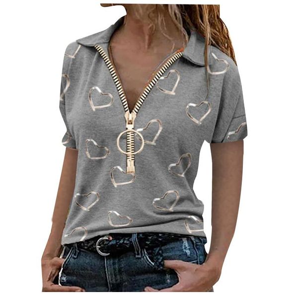 

women's t-shirt casual loose v-neck t-shirts clothing with zipper summer 2021 fashion slim heart printing tee clothes for ladies, White
