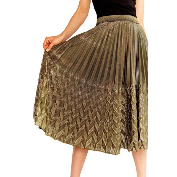 

skirts women clothes 2021 fashion lady's high waist gilded stretch pleated half-length a-shaped skirt drop arrival, Black