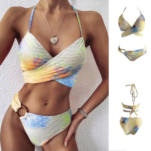 

women's swimwear women tie dye bikini ring halter push up swimsuit set female low waist beachware bathing suit biquini #g2, White;black