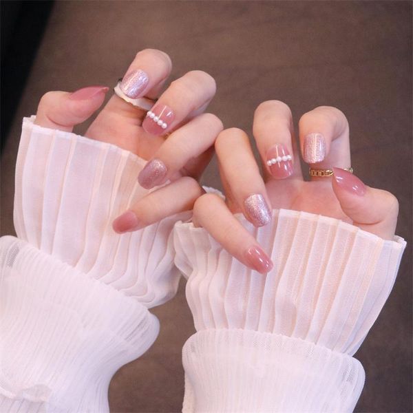 

false nails 24pcs set 3d pearl rhinestone cats eye opal crystal pink acrylic fingernail jelly gel stick on fake with designs sxy-33, Red;gold